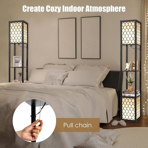 Tangkula Modern Shelf Floor Lamp ، مصباح مزدوج قائم بذاته مع رف الخشب و 2 فست in Saudi Arabia