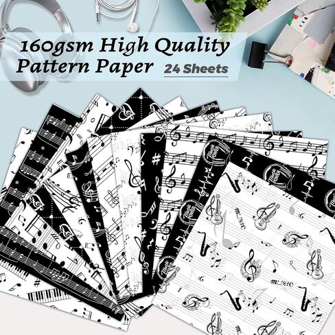 Konsait 24 Sheets Music Scrapbook Paper 12x12, Double Sided Music Note Pattern Paper Black and White Cardstock Craft Papers for Card Making Origami Papers Scrapbook Supplies in Saudi Arabia