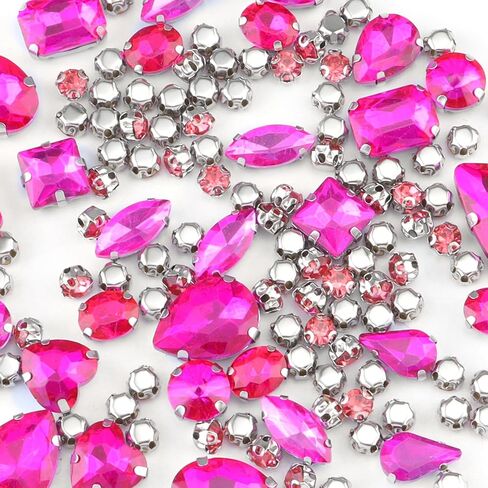 Sew On Rhinestones, OEMOO 130PCS Sew On Glass Rhinestone Metal Back Prong Setting Sewing Sliver Claw Rhinestone Mixed Shapes for Costume, Clothes, Earring, Belt and Shoes (Pink) in Kuwait