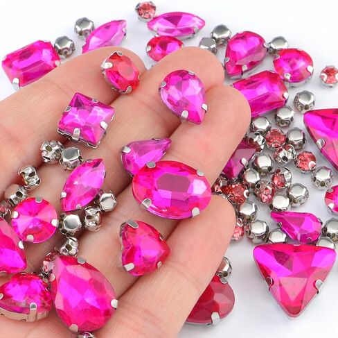 Sew On Rhinestones, OEMOO 130PCS Sew On Glass Rhinestone Metal Back Prong Setting Sewing Sliver Claw Rhinestone Mixed Shapes for Costume, Clothes, Earring, Belt and Shoes (Pink) in Kuwait