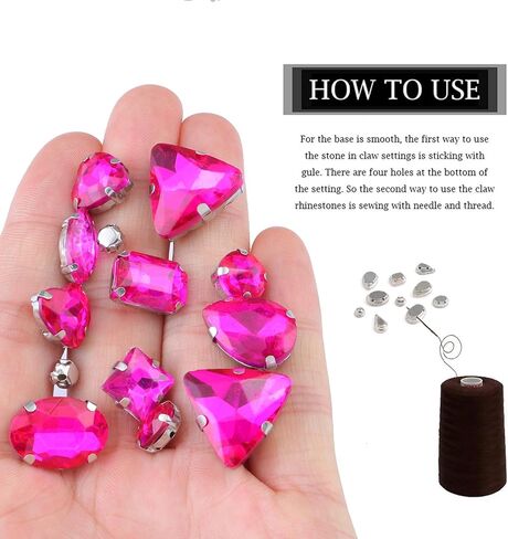 Sew On Rhinestones, OEMOO 130PCS Sew On Glass Rhinestone Metal Back Prong Setting Sewing Sliver Claw Rhinestone Mixed Shapes for Costume, Clothes, Earring, Belt and Shoes (Pink) in Kuwait