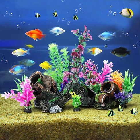28 Pack Large Fish Tank Decorations Aquarium Decorations Artificial Aquarium Plants Betta Fish Tank Accessories Kit Broken Barrel Jar Hollow Tree Trunk Ornament in Saudi Arabia
