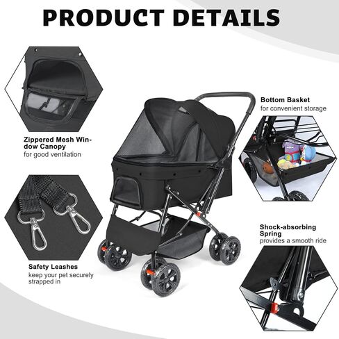 Wedyvko Dog Stroller, Pet Stroller for Medium Dogs Cats, with Dog Poop Bags, Reversible Handlebar, Tethers, Storage Basket and Pouch (Dark Gray) in Kuwait