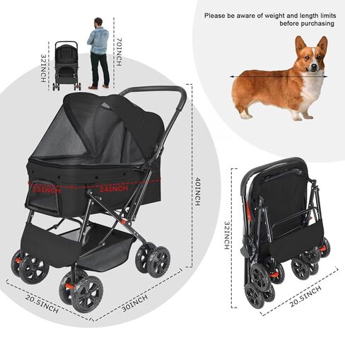 Wedyvko Dog Stroller, Pet Stroller for Medium Dogs Cats, with Dog Poop Bags, Reversible Handlebar, Tethers, Storage Basket and Pouch (Dark Gray) in Kuwait