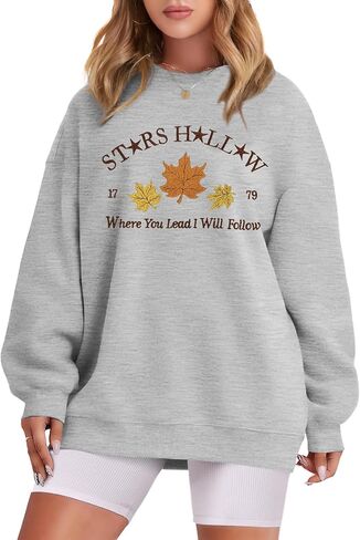 MYHALF Stars Hollow Sweatshirt Women Leaf Graphic Long Sleeve Shirt Fall Vacation Crewneck Drop Shoulder Pullover Tops in Kuwait