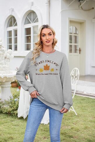 MYHALF Stars Hollow Sweatshirt Women Leaf Graphic Long Sleeve Shirt Fall Vacation Crewneck Drop Shoulder Pullover Tops in Kuwait