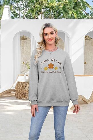 MYHALF Stars Hollow Sweatshirt Women Leaf Graphic Long Sleeve Shirt Fall Vacation Crewneck Drop Shoulder Pullover Tops in Kuwait