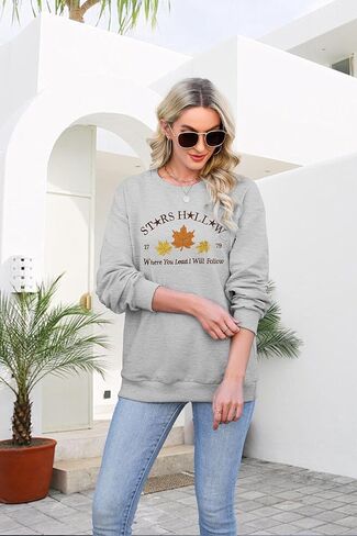 MYHALF Stars Hollow Sweatshirt Women Leaf Graphic Long Sleeve Shirt Fall Vacation Crewneck Drop Shoulder Pullover Tops in Kuwait