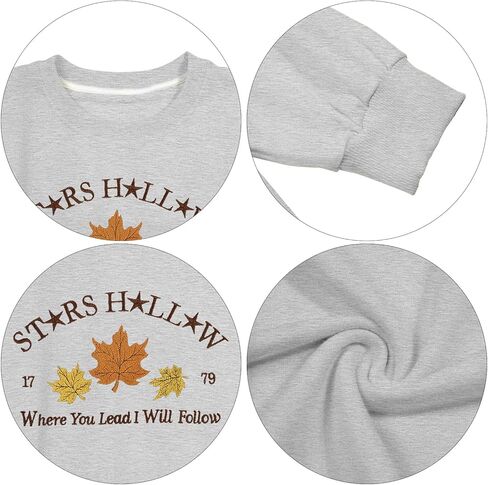 MYHALF Stars Hollow Sweatshirt Women Leaf Graphic Long Sleeve Shirt Fall Vacation Crewneck Drop Shoulder Pullover Tops in Kuwait