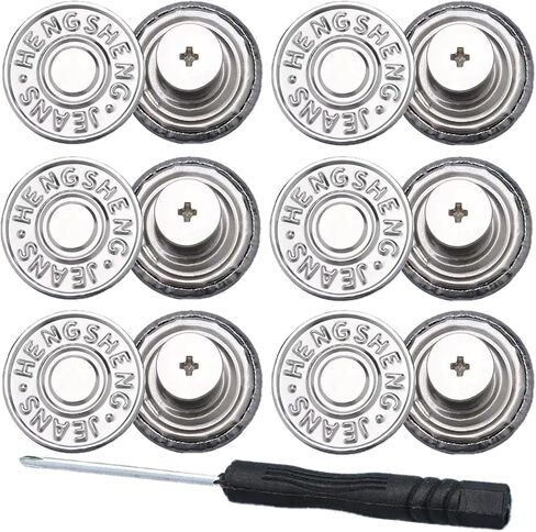 6pcs Sliver Buttons pins for Loose Jeans, 17 mm No-Sew Nailess Removable Metal Jeans Buttons Replacement, Adjustable Metal Pants Button Tightener,Repair Combo Thread Rivets and Screwdrivers in Saudi Arabia