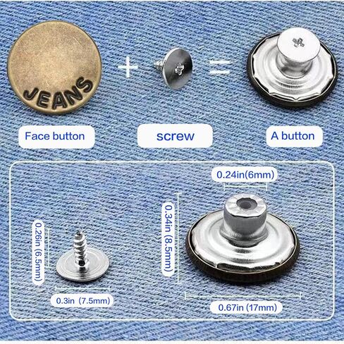 6pcs Sliver Buttons pins for Loose Jeans, 17 mm No-Sew Nailess Removable Metal Jeans Buttons Replacement, Adjustable Metal Pants Button Tightener,Repair Combo Thread Rivets and Screwdrivers in Saudi Arabia