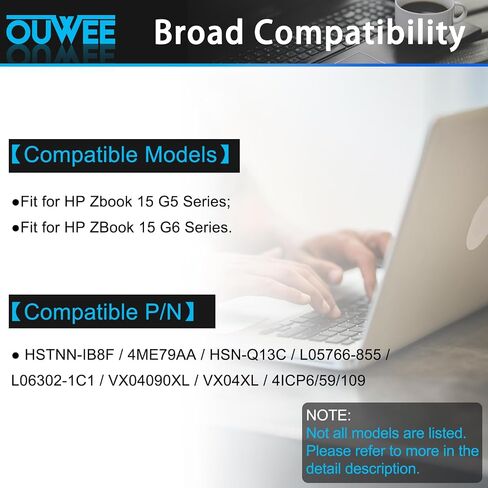 بطارية كمبيوتر محمول OUWEE VX04XL متوافقة مع HP Zbook 15 G5 G6 2YW99AV 2YX00AV 2ZC40EA 2ZC41EA 3AX02AV 3AX04AV 4QH14EA 5KY99AV Serie HSTNN-IB8F 4ME79AA HSN-Q13C L05766-855 L06302-1C1 15.4 الخامس 90 واط ساعة in Kuwait