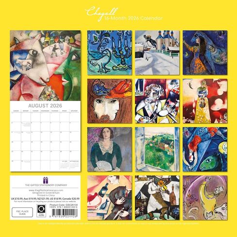 2026 Square Wall Calendar - Chagall 12 x 12 Inch Monthly View, 16-Month, Art Theme, Includes 180 Reminder Stickers in Saudi Arabia