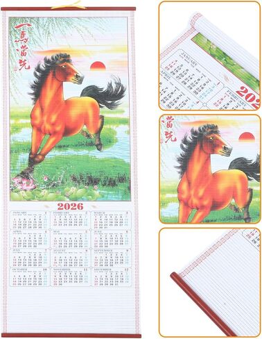 Horse Year 2026 Faux Rattan Hanging Scroll Calendar Traditional Chinese New Year Wall Calendar for Living Room Decorations in Saudi Arabia