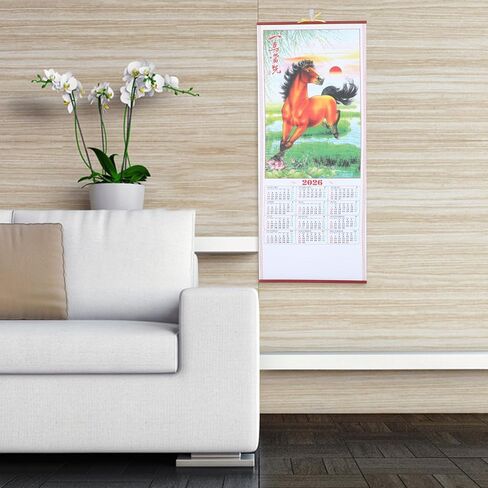 Horse Year 2026 Faux Rattan Hanging Scroll Calendar Traditional Chinese New Year Wall Calendar for Living Room Decorations in Saudi Arabia