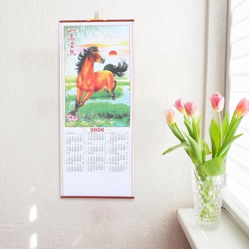 Horse Year 2026 Faux Rattan Hanging Scroll Calendar Traditional Chinese New Year Wall Calendar for Living Room Decorations in Saudi Arabia