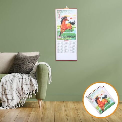Horse Year 2026 Faux Rattan Hanging Scroll Calendar Traditional Chinese New Year Wall Calendar for Living Room Decorations in Saudi Arabia