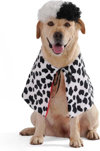 زي دلماسي الكلب هالوين مع شعر مستعار أبيض أسود ، Pet Cape Cloak Party Up ملابس مضحكة للكلاب الصغيرة المتوسطة الكبيرة (أسود ، كبير (للكلب الكبير)) in Kuwait