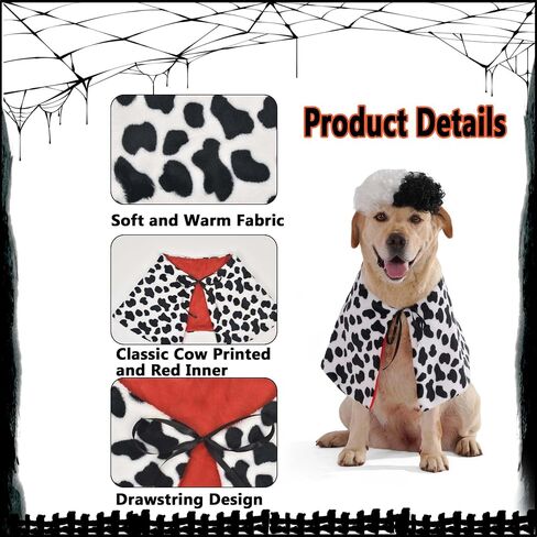 زي دلماسي الكلب هالوين مع شعر مستعار أبيض أسود ، Pet Cape Cloak Party Up ملابس مضحكة للكلاب الصغيرة المتوسطة الكبيرة (أسود ، كبير (للكلب الكبير)) in Kuwait