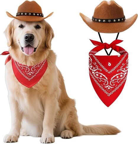 Pet Cowboy Halloween Costumes Dog Cat Brown Cowboy Hat Scarf Bandana Outfit for Small Pets Puppy Kitten Party Festival Wearing (L) in Saudi Arabia