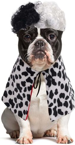 زي دلماسي الكلب هالوين مع شعر مستعار أبيض أسود ، Pet Cape Cloak Party Up ملابس مضحكة للكلاب الصغيرة المتوسطة الكبيرة (أسود ، كبير (للكلب الكبير)) in Kuwait