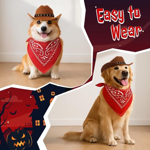 Pet Cowboy Halloween Costumes Dog Cat Brown Cowboy Hat Scarf Bandana Outfit for Small Pets Puppy Kitten Party Festival Wearing (L) in Saudi Arabia