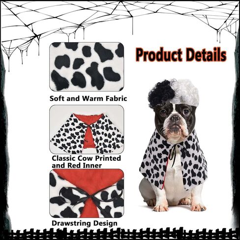 زي دلماسي الكلب هالوين مع شعر مستعار أبيض أسود ، Pet Cape Cloak Party Up ملابس مضحكة للكلاب الصغيرة المتوسطة الكبيرة (أسود ، كبير (للكلب الكبير)) in Kuwait