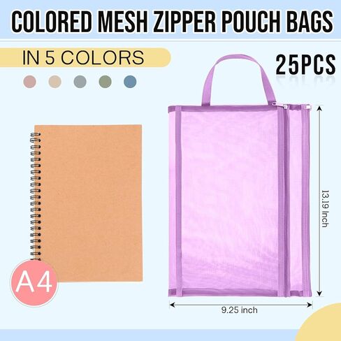Marspark 25 Pack Colored Mesh Zipper Pouch Bags Double Layer Nylon Puzzle Bags A4 Zipper Pouch with Handle for Toy Organizer Storage School Office (Purple, Blue, Watermelon Red, Yellow, Rose Red) in Saudi Arabia