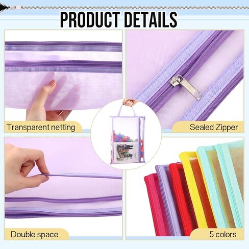 Marspark 25 Pack Colored Mesh Zipper Pouch Bags Double Layer Nylon Puzzle Bags A4 Zipper Pouch with Handle for Toy Organizer Storage School Office (Purple, Blue, Watermelon Red, Yellow, Rose Red) in Saudi Arabia