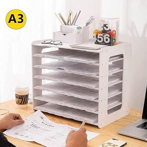 Extra Large A3 Paper Storage Unit, 11x17 Paper Organizer, Tiered Stationery Storage Rack PVC with 7 Compartments, Desk Organizer for Office and School in Saudi Arabia