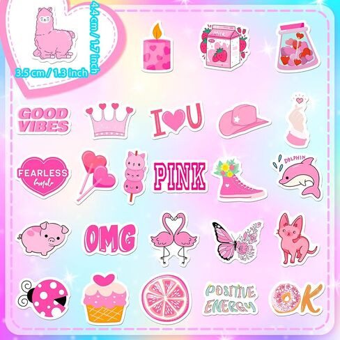 100pcs Cute Water Bottle Stickers for Kids - Kawaii Preppy Pink Stickers for Water Bottle Scrapbook, Small Size Waterproof Vinyl Decals for Laptop Journal Bike Skateboard Party Supplies (Pink) in Kuwait
