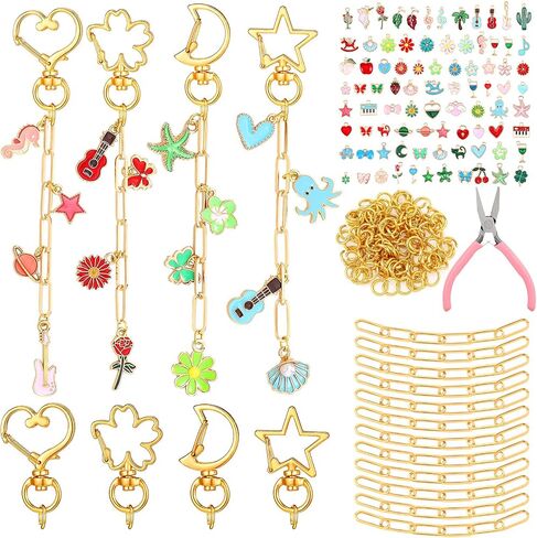 Tondiamo 241 PCS Gold Keychain Making Kit Bag Bag Charm Kit 100 Charms 20 Heart Shaped Star Shape Clasps Spring Clasps 100 Jump Ring 20 Sextender سلسلة مجوهر in Saudi Arabia