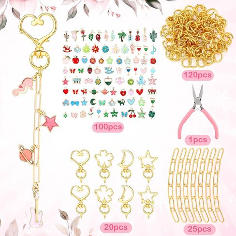Tondiamo 241 PCS Gold Keychain Making Kit Bag Bag Charm Kit 100 Charms 20 Heart Shaped Star Shape Clasps Spring Clasps 100 Jump Ring 20 Sextender سلسلة مجوهر in Saudi Arabia
