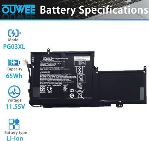بطارية كمبيوتر محمول OUWEE PG03XL متوافقة مع HP Spectre X360 15 AP011DX 15-AP000 AP000NA AP000NF AP000NX Series PGO3XL 831532-421 831532-422 831758-005 HSTNN-LB7C 11.55V 65Wh 5680mAh (الشكل- ب) in Kuwait
