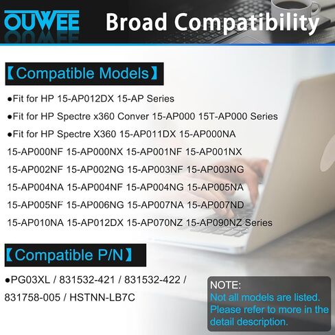 بطارية كمبيوتر محمول OUWEE PG03XL متوافقة مع HP Spectre X360 15 AP011DX 15-AP000 AP000NA AP000NF AP000NX Series PGO3XL 831532-421 831532-422 831758-005 HSTNN-LB7C 11.55V 65Wh 5680mAh (الشكل- ب) in Kuwait