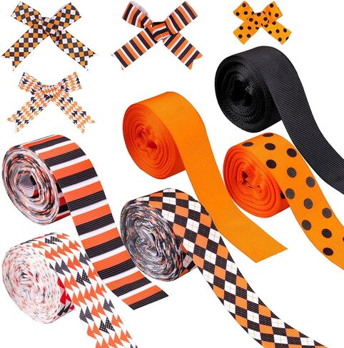 Whaline 6 Roll Halloween Grosgrain Ribbon Geometric Dot Gift Wrapping Ribbon 30 Yard Orange Black White Holiday Craft Ribbon for Halloween Party Decoration Sewing Bow Craft Gift Wrapping in Saudi Arabia