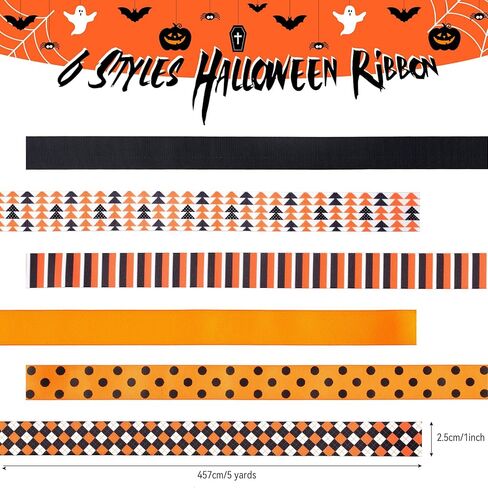 Whaline 6 Roll Halloween Grosgrain Ribbon Geometric Dot Gift Wrapping Ribbon 30 Yard Orange Black White Holiday Craft Ribbon for Halloween Party Decoration Sewing Bow Craft Gift Wrapping in Saudi Arabia