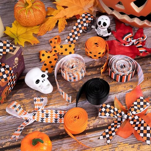Whaline 6 Roll Halloween Grosgrain Ribbon Geometric Dot Gift Wrapping Ribbon 30 Yard Orange Black White Holiday Craft Ribbon for Halloween Party Decoration Sewing Bow Craft Gift Wrapping in Saudi Arabia