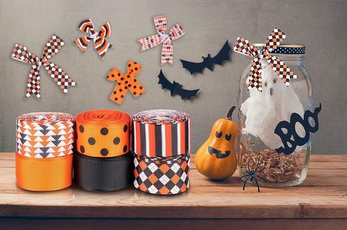 Whaline 6 Roll Halloween Grosgrain Ribbon Geometric Dot Gift Wrapping Ribbon 30 Yard Orange Black White Holiday Craft Ribbon for Halloween Party Decoration Sewing Bow Craft Gift Wrapping in Saudi Arabia