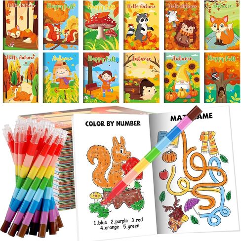 BenLouis 12 Fall Mini Activity Books with 12 Crayons for Kids ages 4-8-16 Autumn Party Favors Bulk Different Brain Game for Classroom Travel Craft Activities Thanksgiving Goodie Bag Gift Stuffer in Saudi Arabia