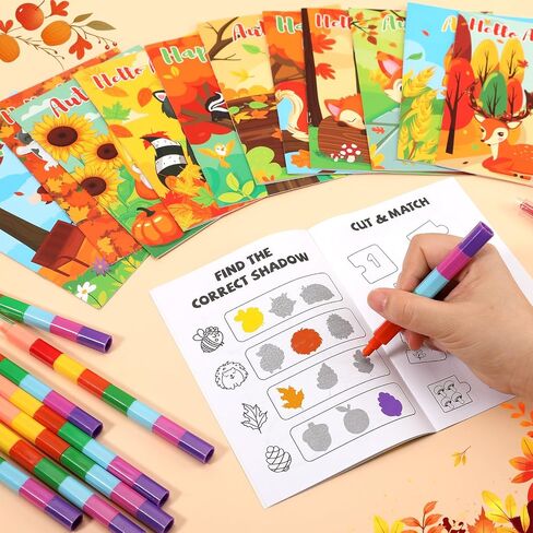 BenLouis 12 Fall Mini Activity Books with 12 Crayons for Kids ages 4-8-16 Autumn Party Favors Bulk Different Brain Game for Classroom Travel Craft Activities Thanksgiving Goodie Bag Gift Stuffer in Saudi Arabia