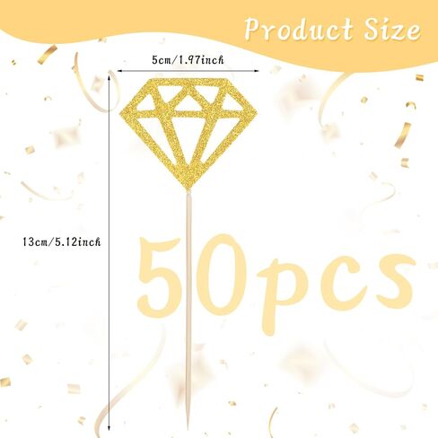 50 Pack Diamond Ring Cake Toppers,Engagement Cupcake Toppers,Gold Glitter Diamond Wedding Ring Cupcake Picks Bridal Shower Toothpicks for Wedding Anniversary Valentines Party Decorations in Saudi Arabia