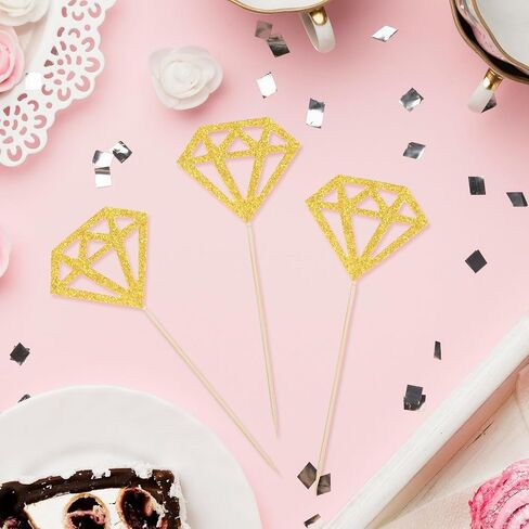50 Pack Diamond Ring Cake Toppers,Engagement Cupcake Toppers,Gold Glitter Diamond Wedding Ring Cupcake Picks Bridal Shower Toothpicks for Wedding Anniversary Valentines Party Decorations in Saudi Arabia