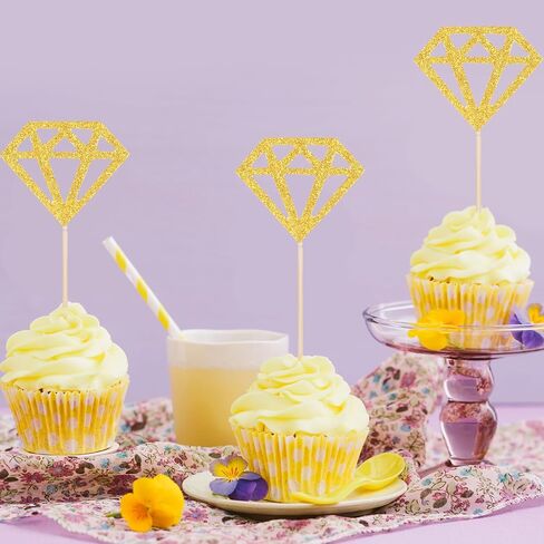 50 Pack Diamond Ring Cake Toppers,Engagement Cupcake Toppers,Gold Glitter Diamond Wedding Ring Cupcake Picks Bridal Shower Toothpicks for Wedding Anniversary Valentines Party Decorations in Saudi Arabia