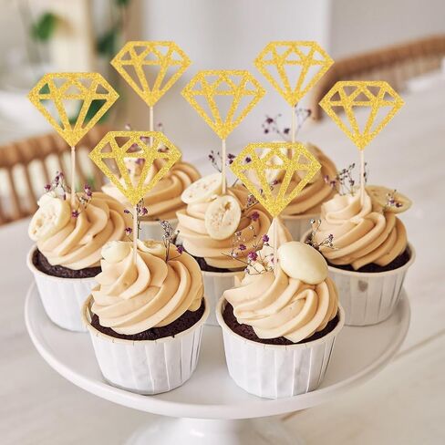 50 Pack Diamond Ring Cake Toppers,Engagement Cupcake Toppers,Gold Glitter Diamond Wedding Ring Cupcake Picks Bridal Shower Toothpicks for Wedding Anniversary Valentines Party Decorations in Saudi Arabia