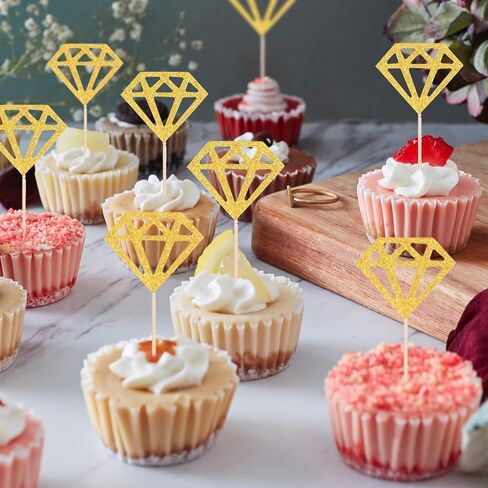 50 Pack Diamond Ring Cake Toppers,Engagement Cupcake Toppers,Gold Glitter Diamond Wedding Ring Cupcake Picks Bridal Shower Toothpicks for Wedding Anniversary Valentines Party Decorations in Saudi Arabia
