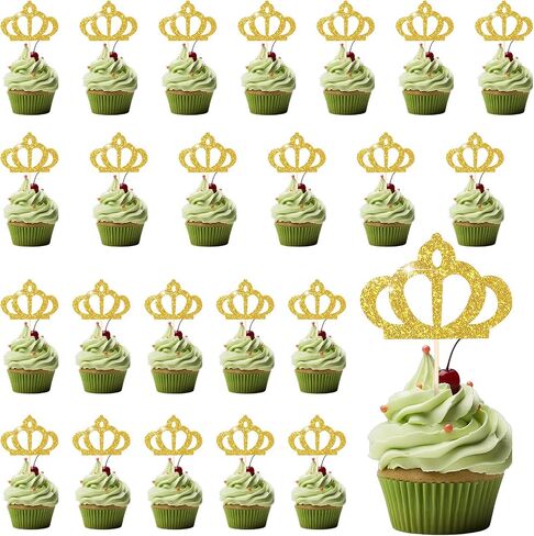 24 Pcs Gold Princess Cupcake Toppers Crown Cake Topper Cup Cake Princess Party Queen Decoration Glitter Gold Queen Birthday Party Decorations in Saudi Arabia