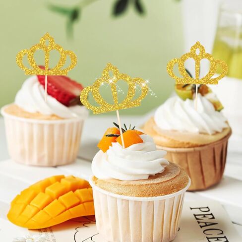 24 Pcs Gold Princess Cupcake Toppers Crown Cake Topper Cup Cake Princess Party Queen Decoration Glitter Gold Queen Birthday Party Decorations in Saudi Arabia