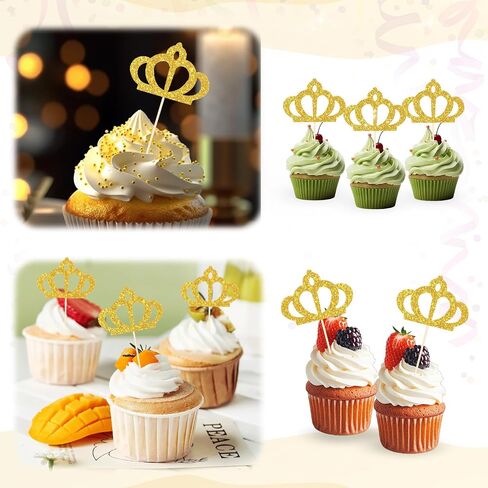24 Pcs Gold Princess Cupcake Toppers Crown Cake Topper Cup Cake Princess Party Queen Decoration Glitter Gold Queen Birthday Party Decorations in Saudi Arabia