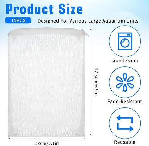15PCS Large Aquarium Filter Media Bag, 7" × 5" Fine Media Filter Bag Reusable Mesh Bags with Plastic Zipper, Nylon Filters Medias Bags for Fish Tank in Kuwait